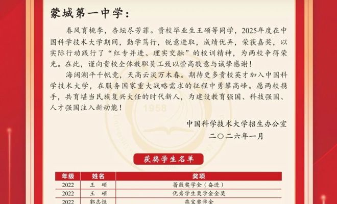 喜讯|中国科学技术大学向我校发来喜报